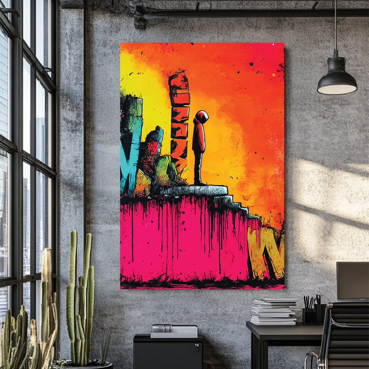 graffiti street art of hooded figure on neon background