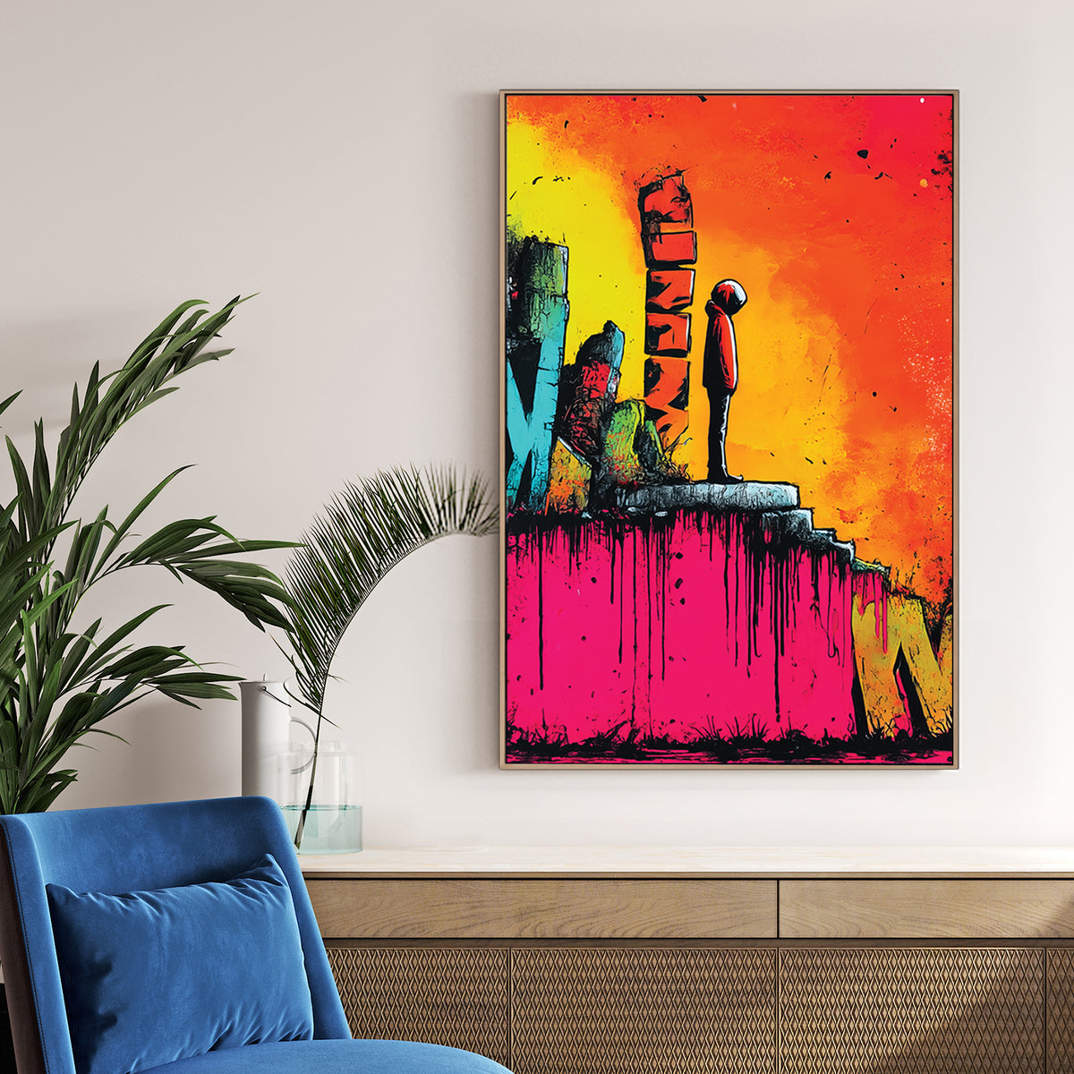 graffiti street art of hooded figure on neon background