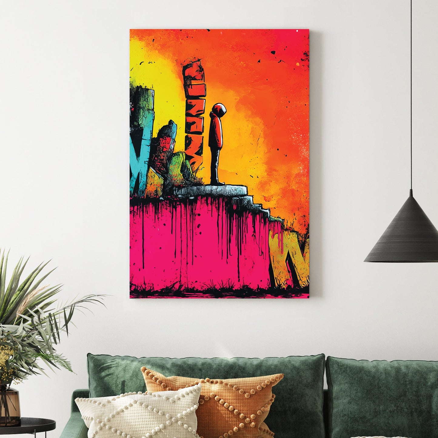graffiti street art of hooded figure on neon background