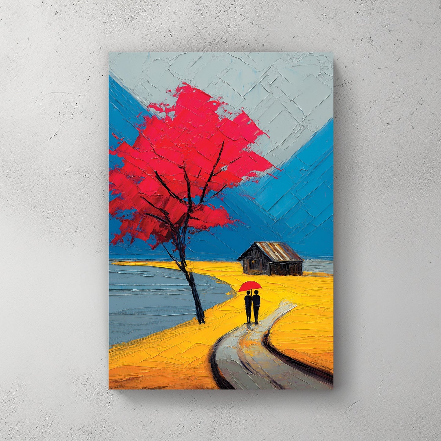 impasto-style painting of couple with red umbrella walking under red tree