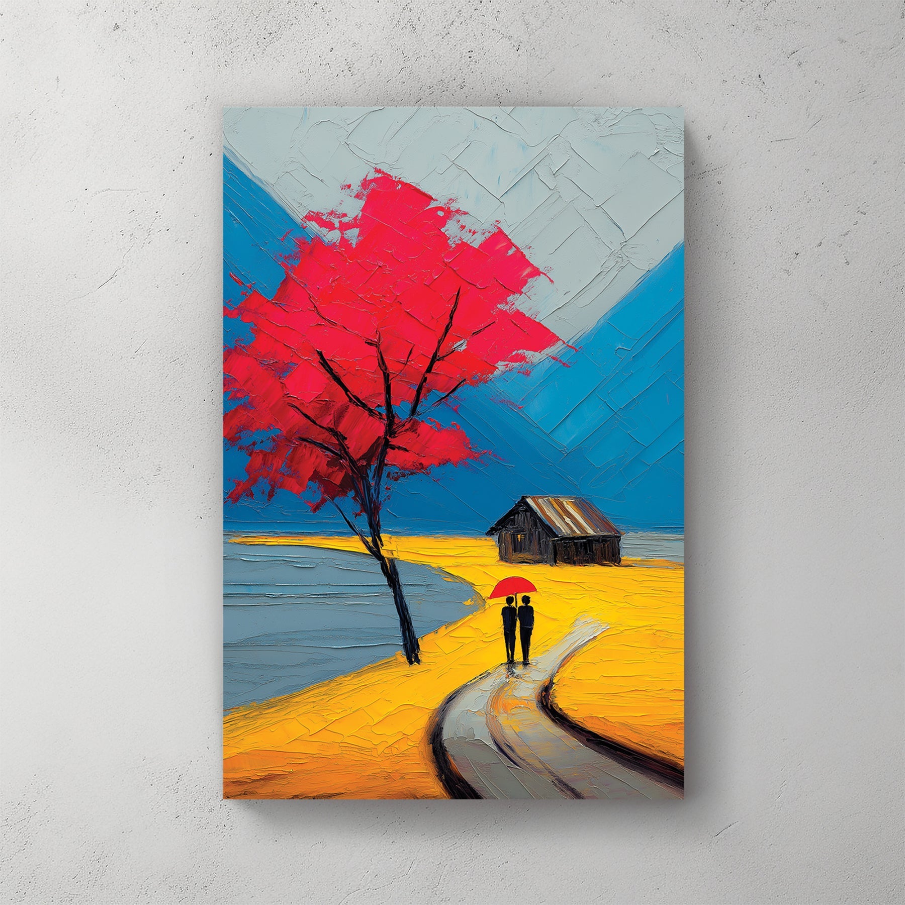 impasto-style painting of couple with red umbrella walking under red tree