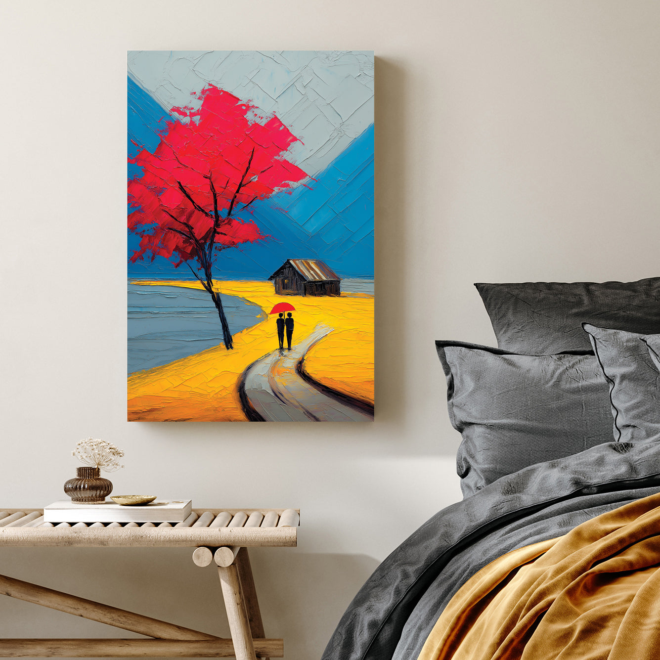 impasto-style painting of couple with red umbrella walking under red tree