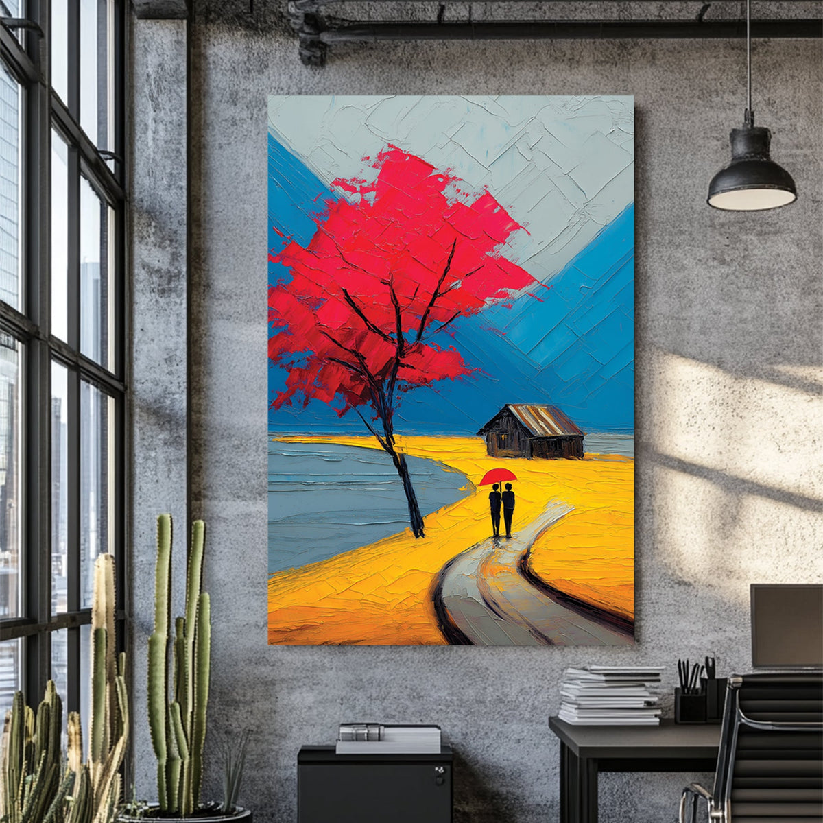 impasto-style painting of couple with red umbrella walking under red tree