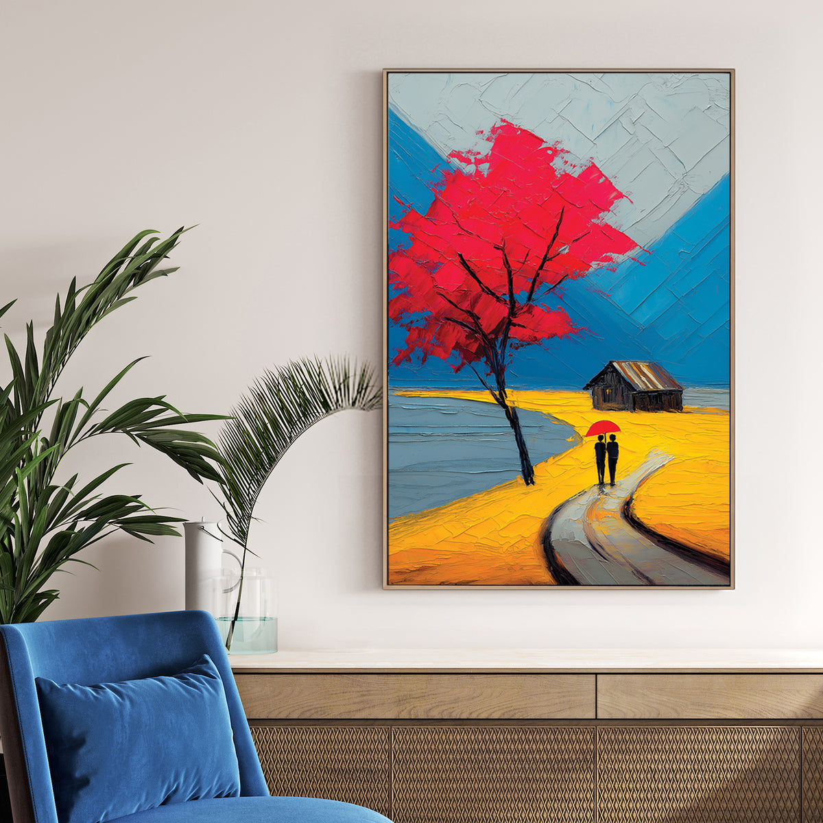 impasto-style painting of couple with red umbrella walking under red tree
