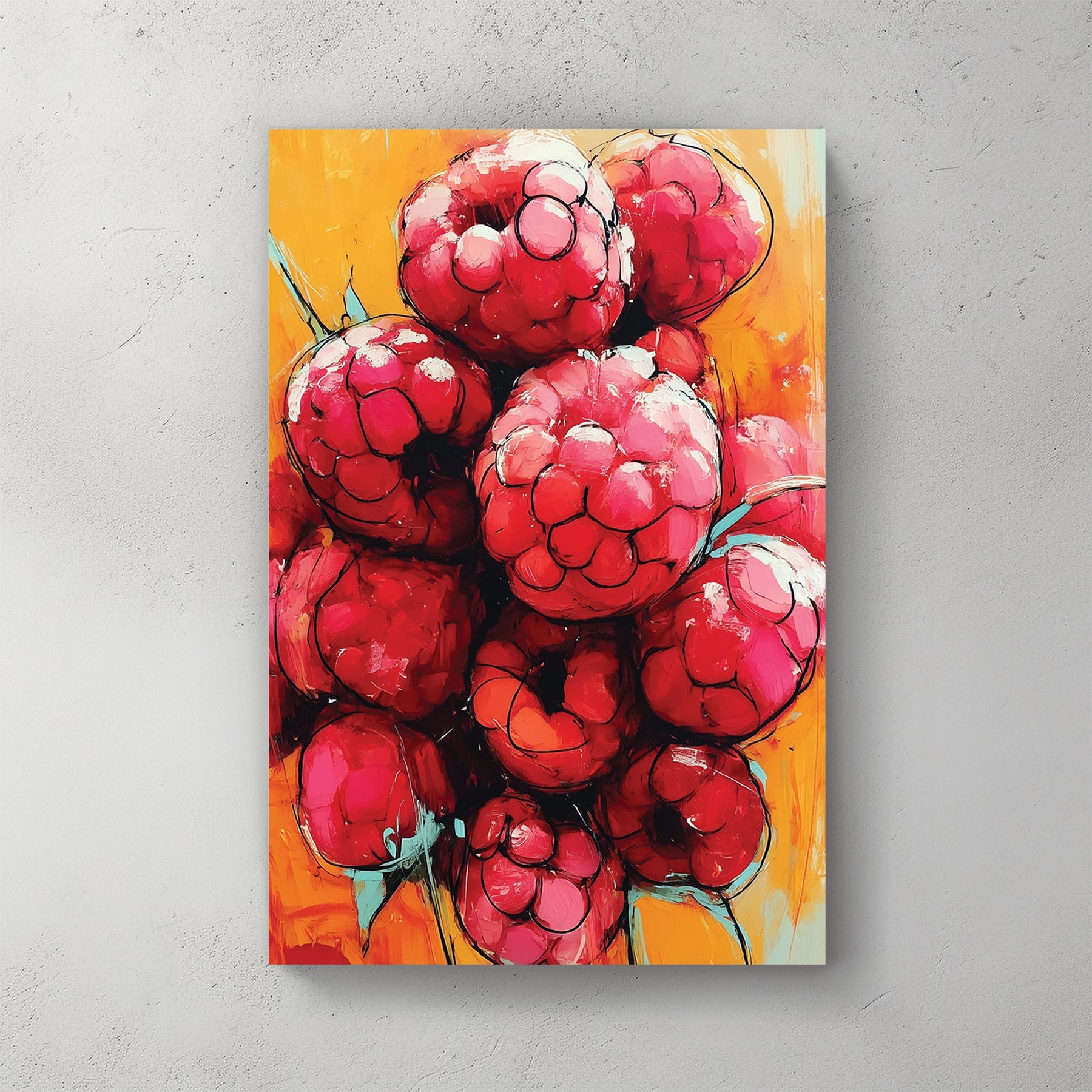 bold painting of raspberries on orange background