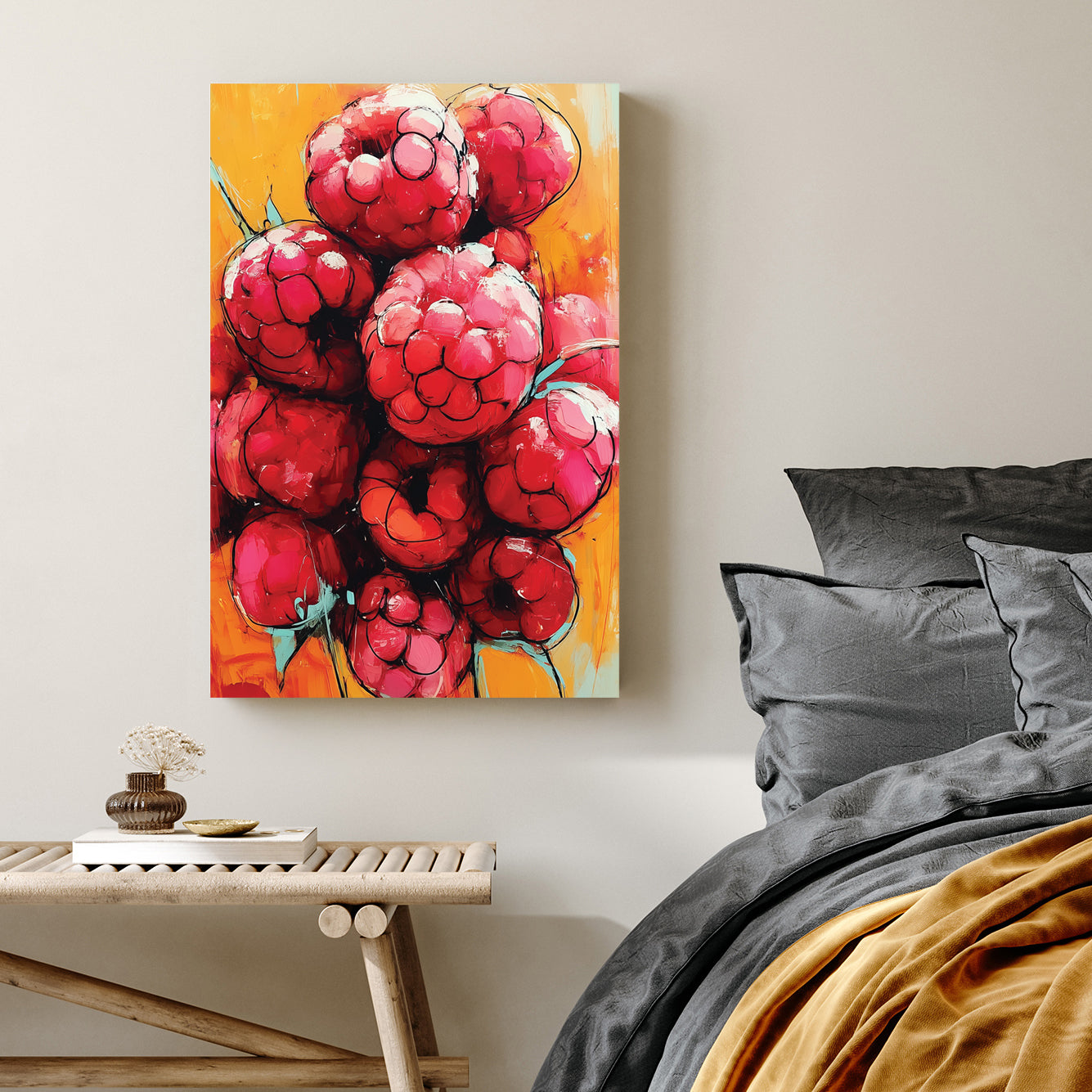 bold painting of raspberries on orange background