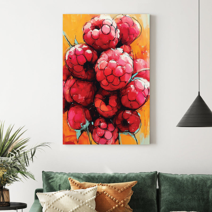 bold painting of raspberries on orange background
