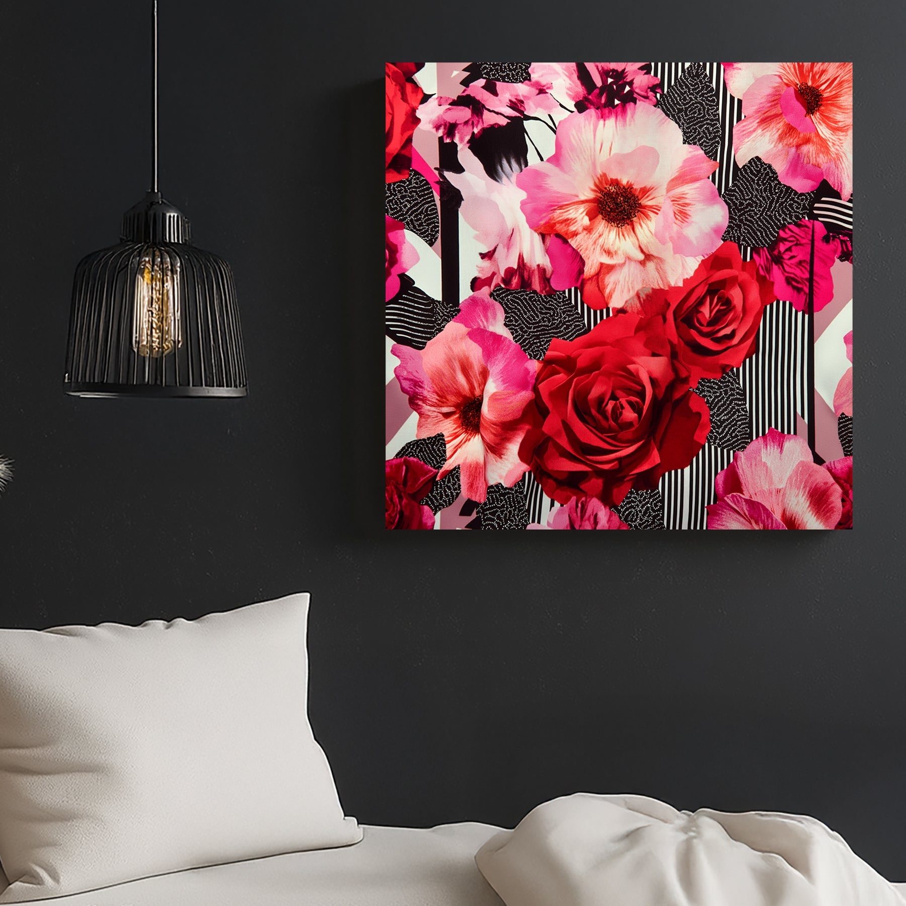 modern floral wall art with red roses and pink hibiscus on graphic background
