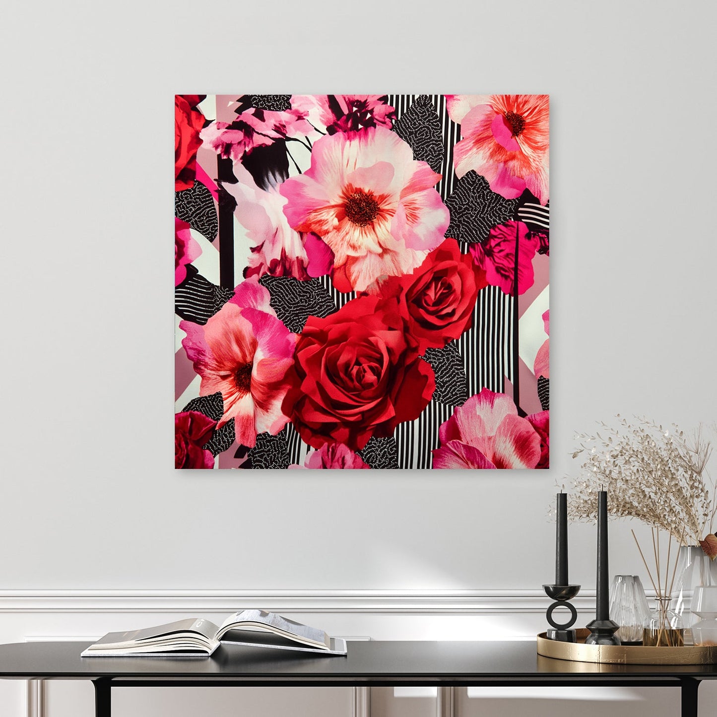modern floral wall art with red roses and pink hibiscus on graphic background