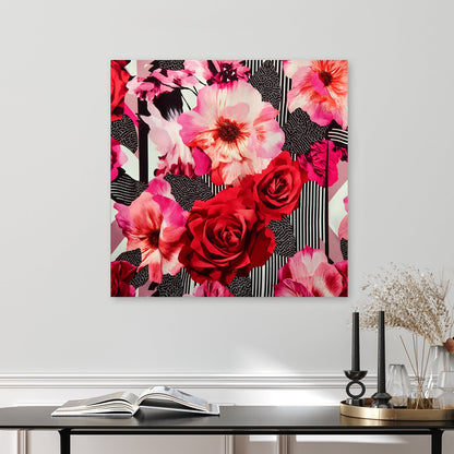 modern floral wall art with red roses and pink hibiscus on graphic background