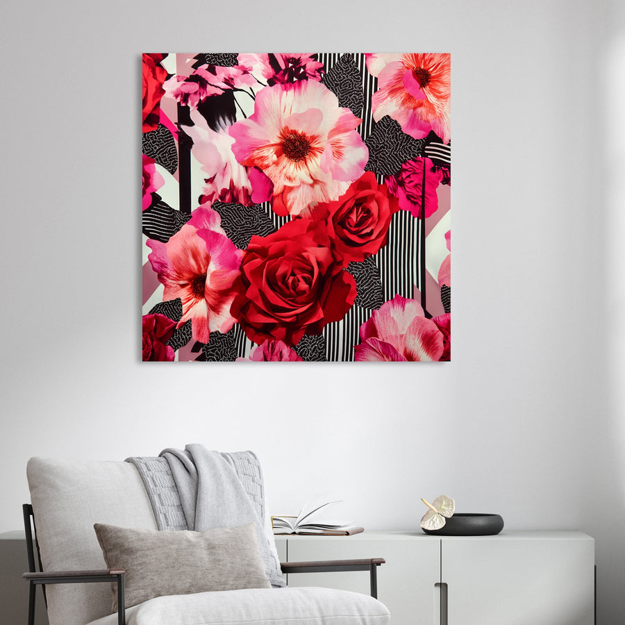 modern floral wall art with red roses and pink hibiscus on graphic background