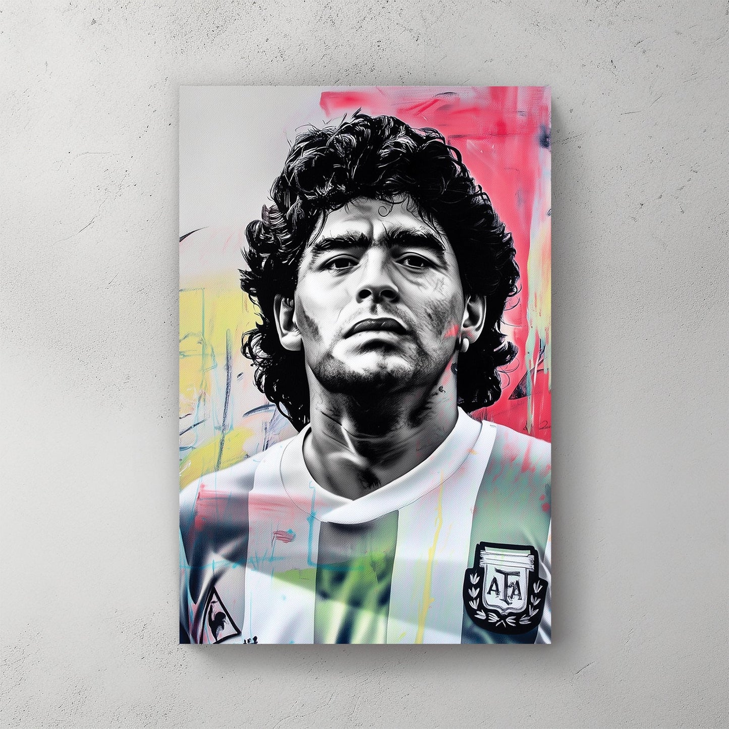 black and white Maradona portrait wall art with abstract graffiti-style colours