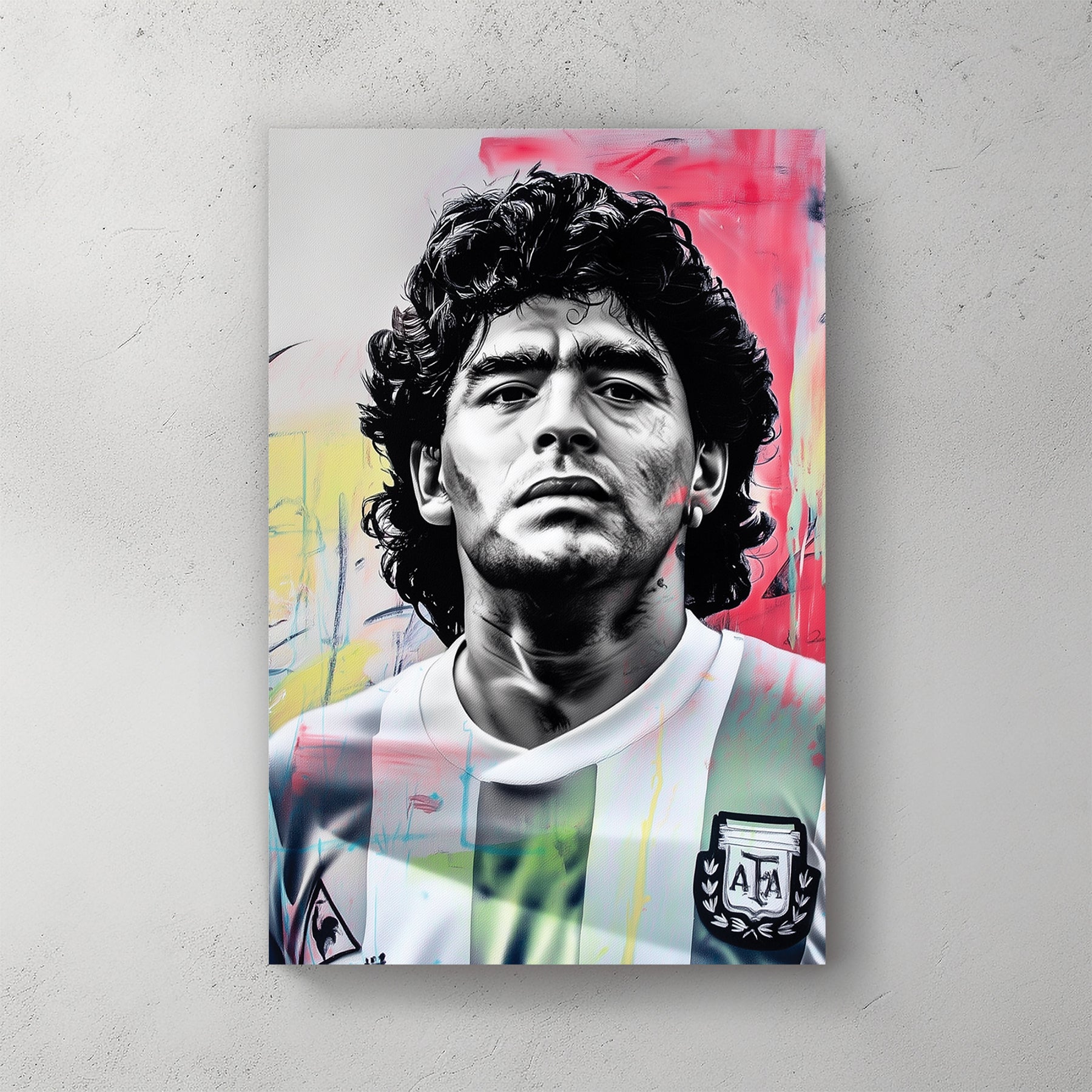 black and white Maradona portrait wall art with abstract graffiti-style colours
