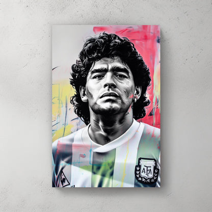 black and white Maradona portrait wall art with abstract graffiti-style colours