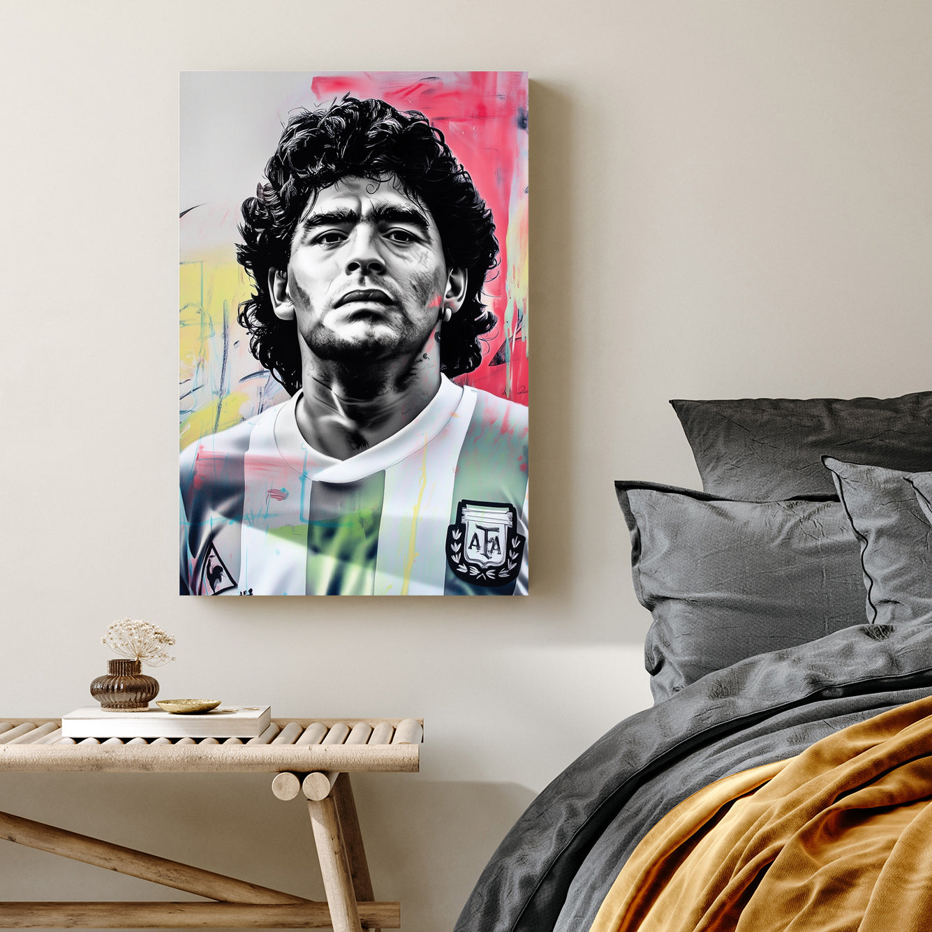 black and white Maradona portrait wall art with abstract graffiti-style colours