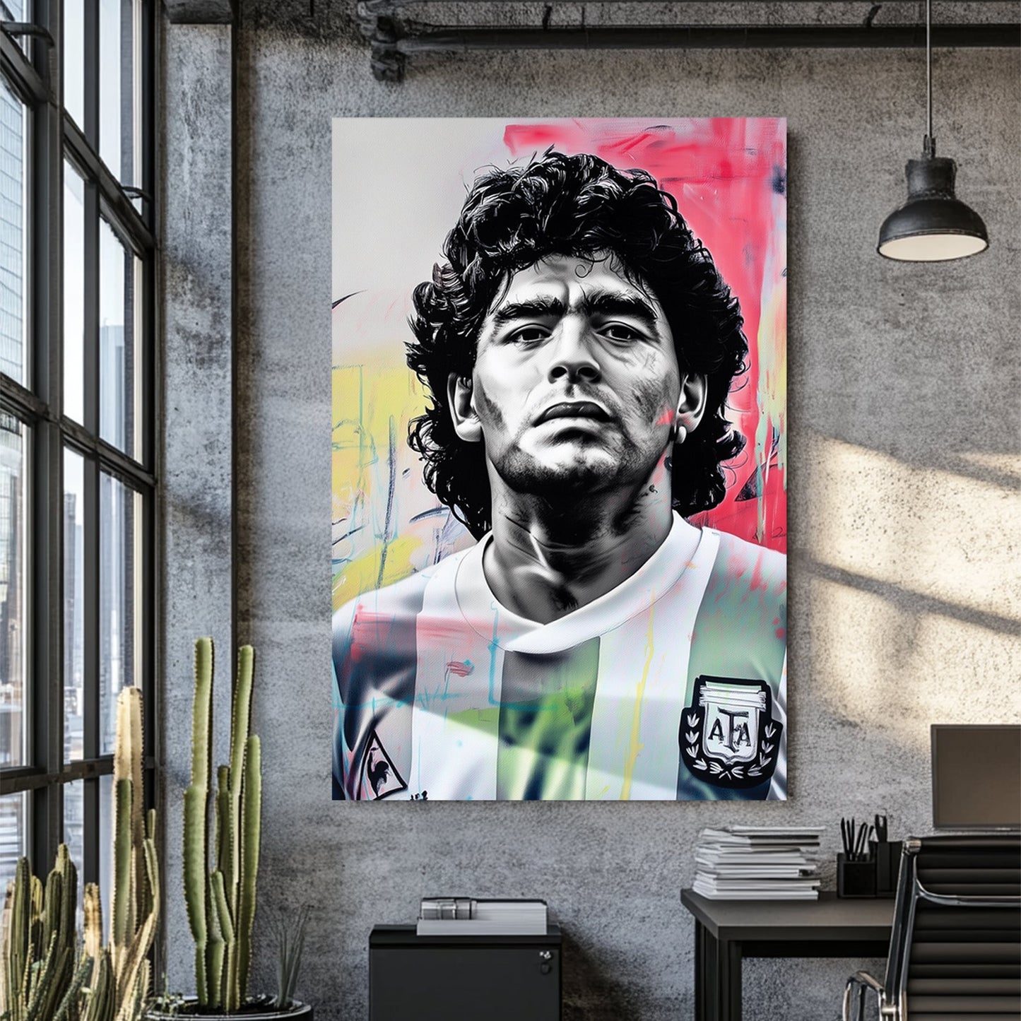 black and white Maradona portrait wall art with abstract graffiti-style colours