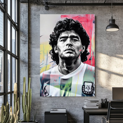 black and white Maradona portrait wall art with abstract graffiti-style colours