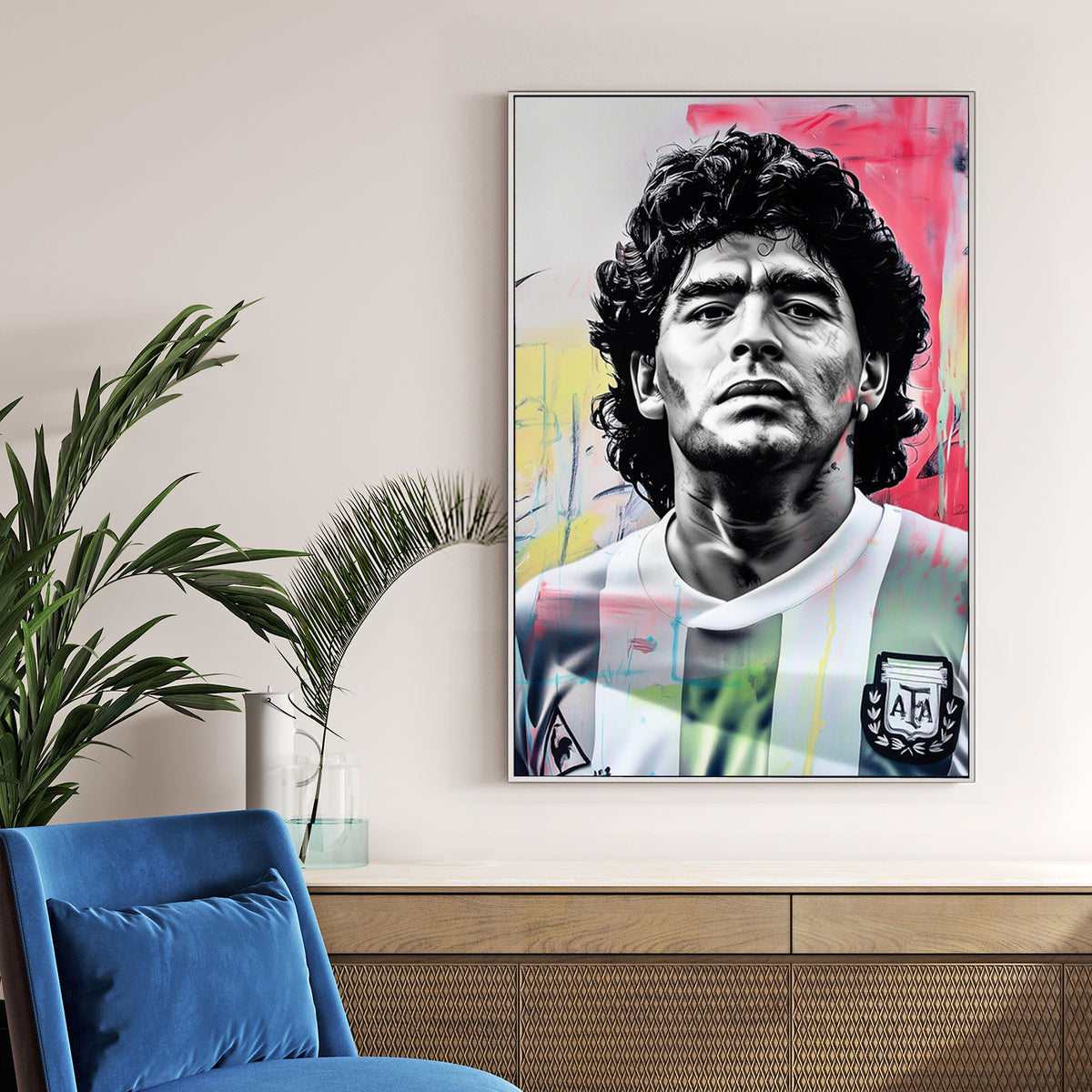 black and white Maradona portrait wall art with abstract graffiti-style colours
