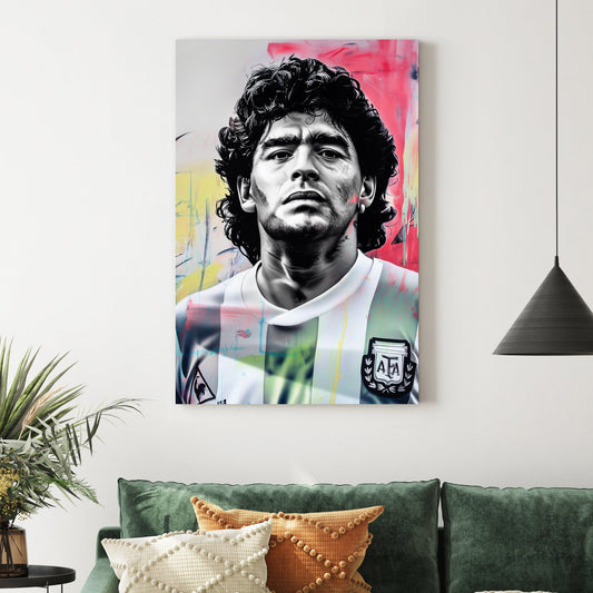 black and white Maradona portrait wall art with abstract graffiti-style colours
