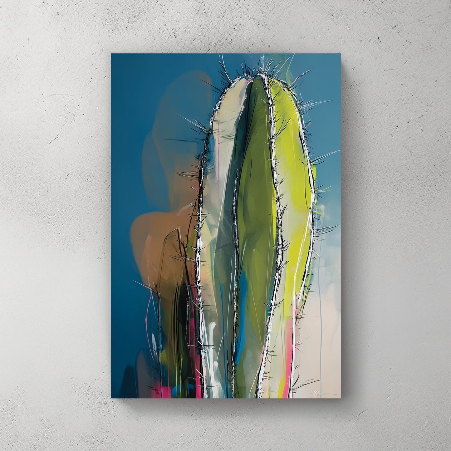 abstract cactus painting with colourful expressionist brushwork and blue background