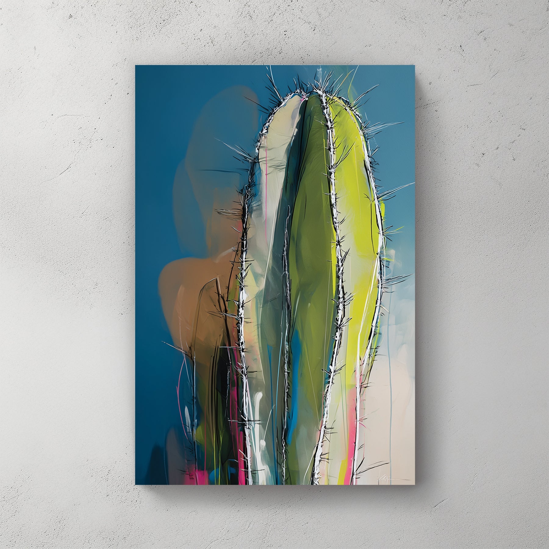 abstract cactus painting with colourful expressionist brushwork and blue background