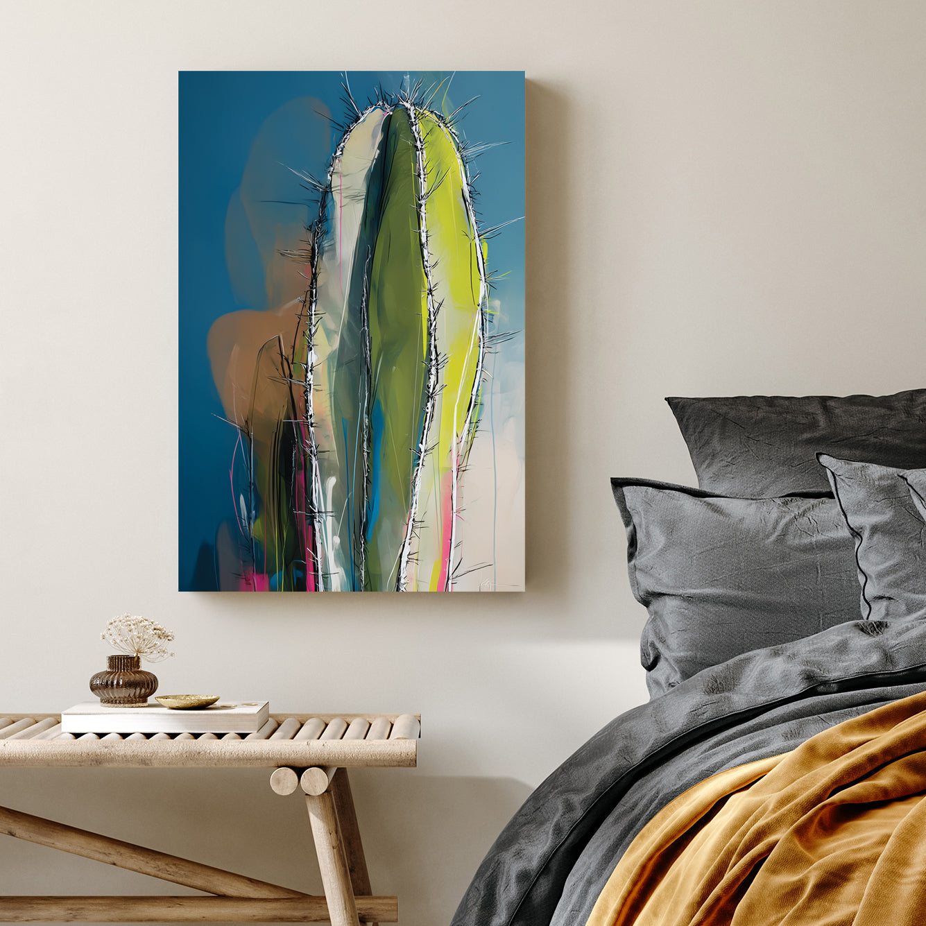 abstract cactus painting with colourful expressionist brushwork and blue background