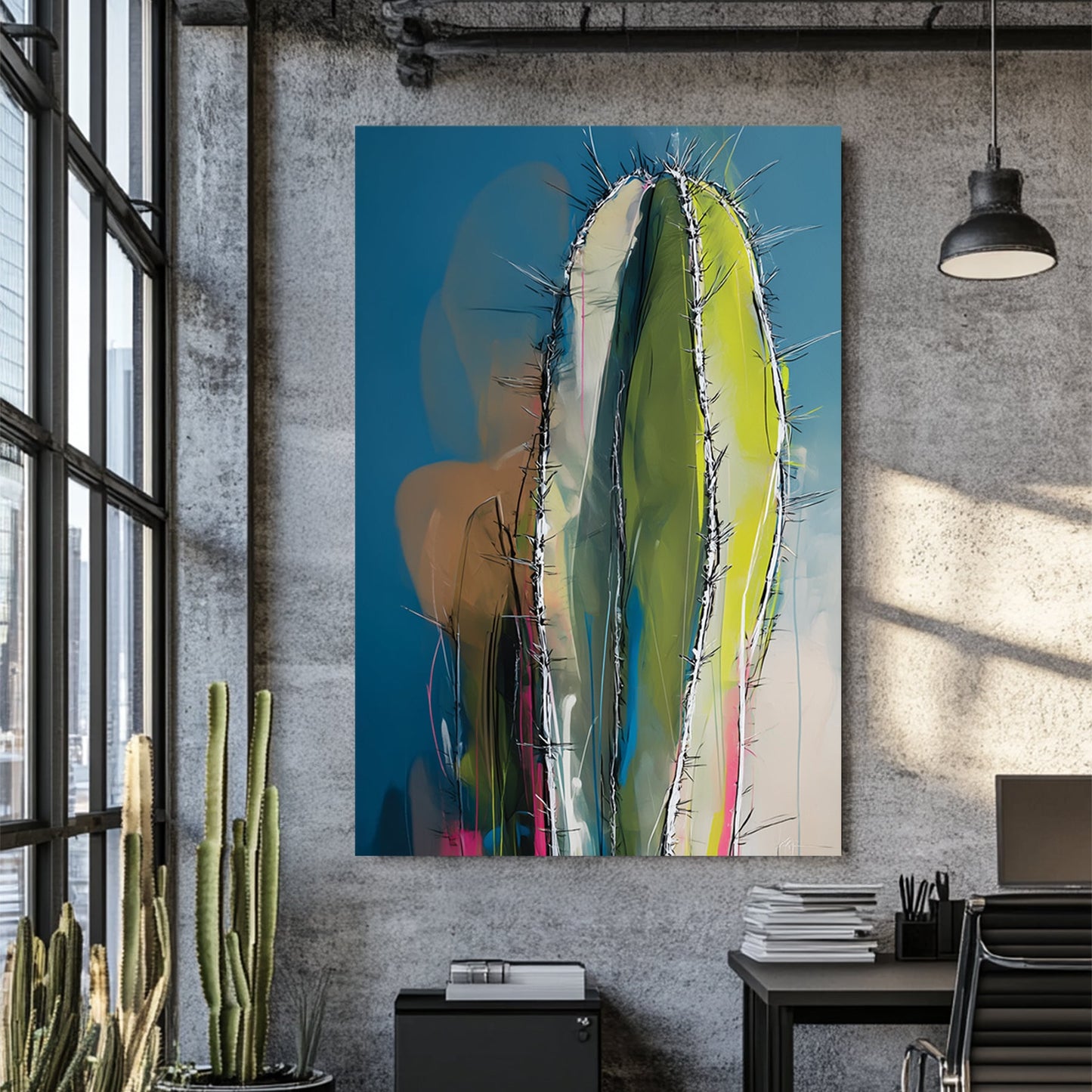 abstract cactus painting with colourful expressionist brushwork and blue background