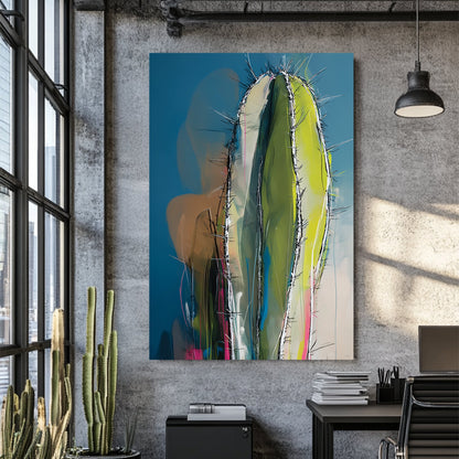 abstract cactus painting with colourful expressionist brushwork and blue background
