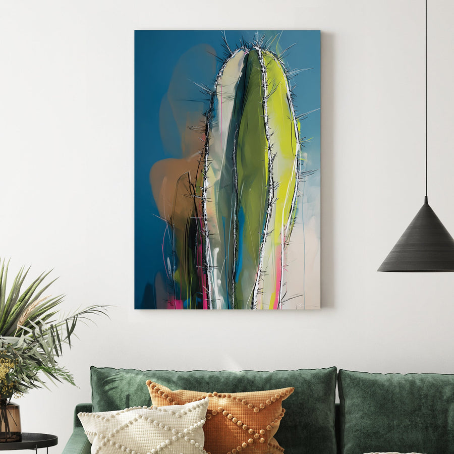 abstract cactus painting with colourful expressionist brushwork and blue background