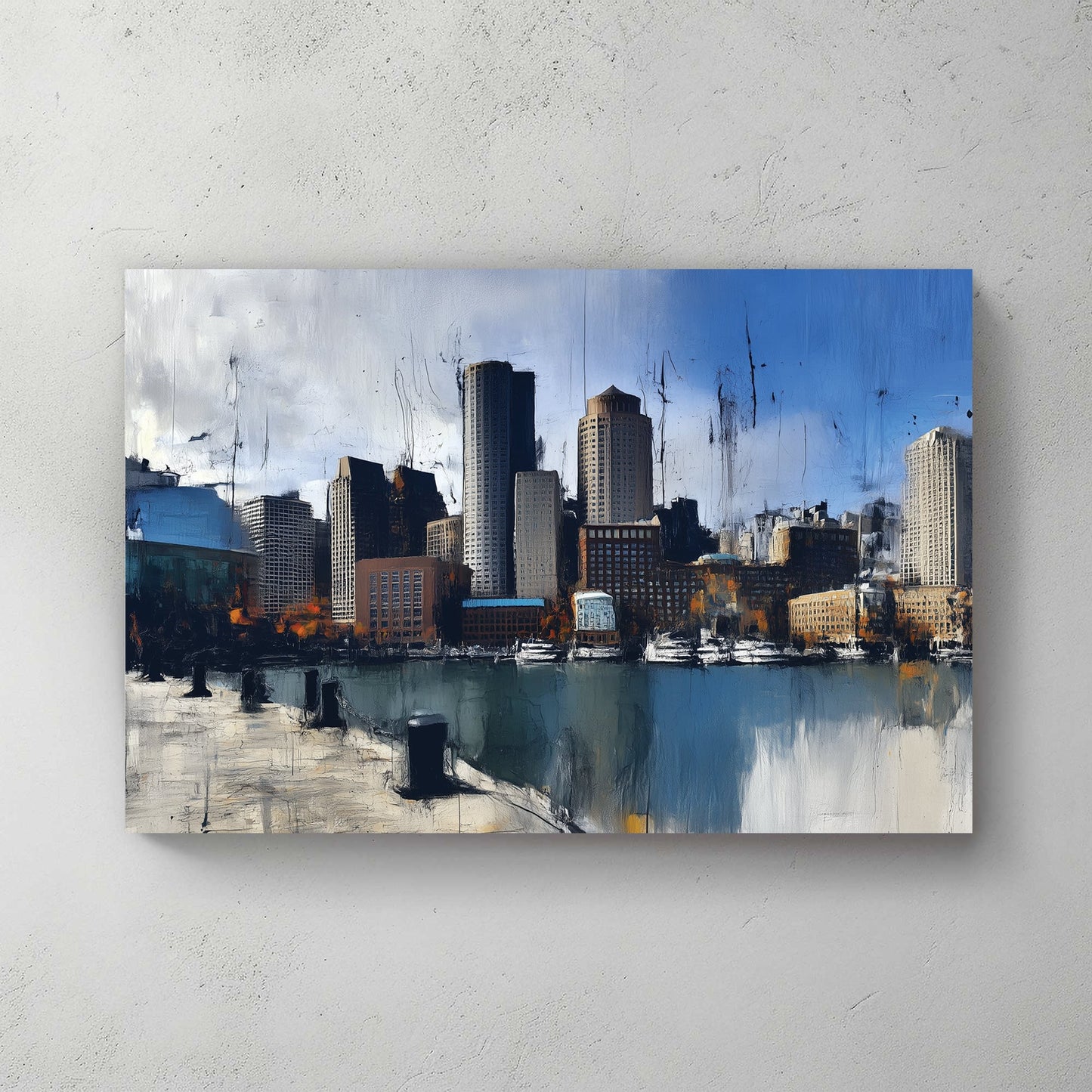 abstract painting of Boston skyline along waterfront with tall buildings and reflections