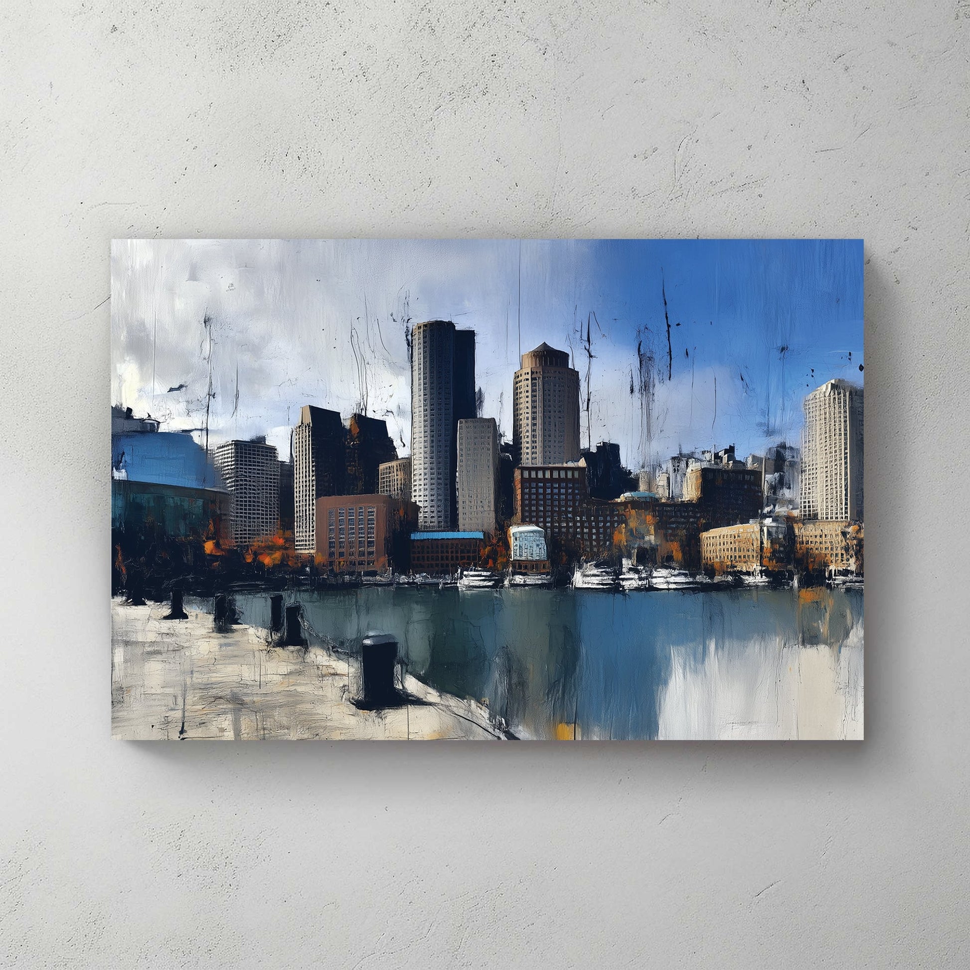 abstract painting of Boston skyline along waterfront with tall buildings and reflections