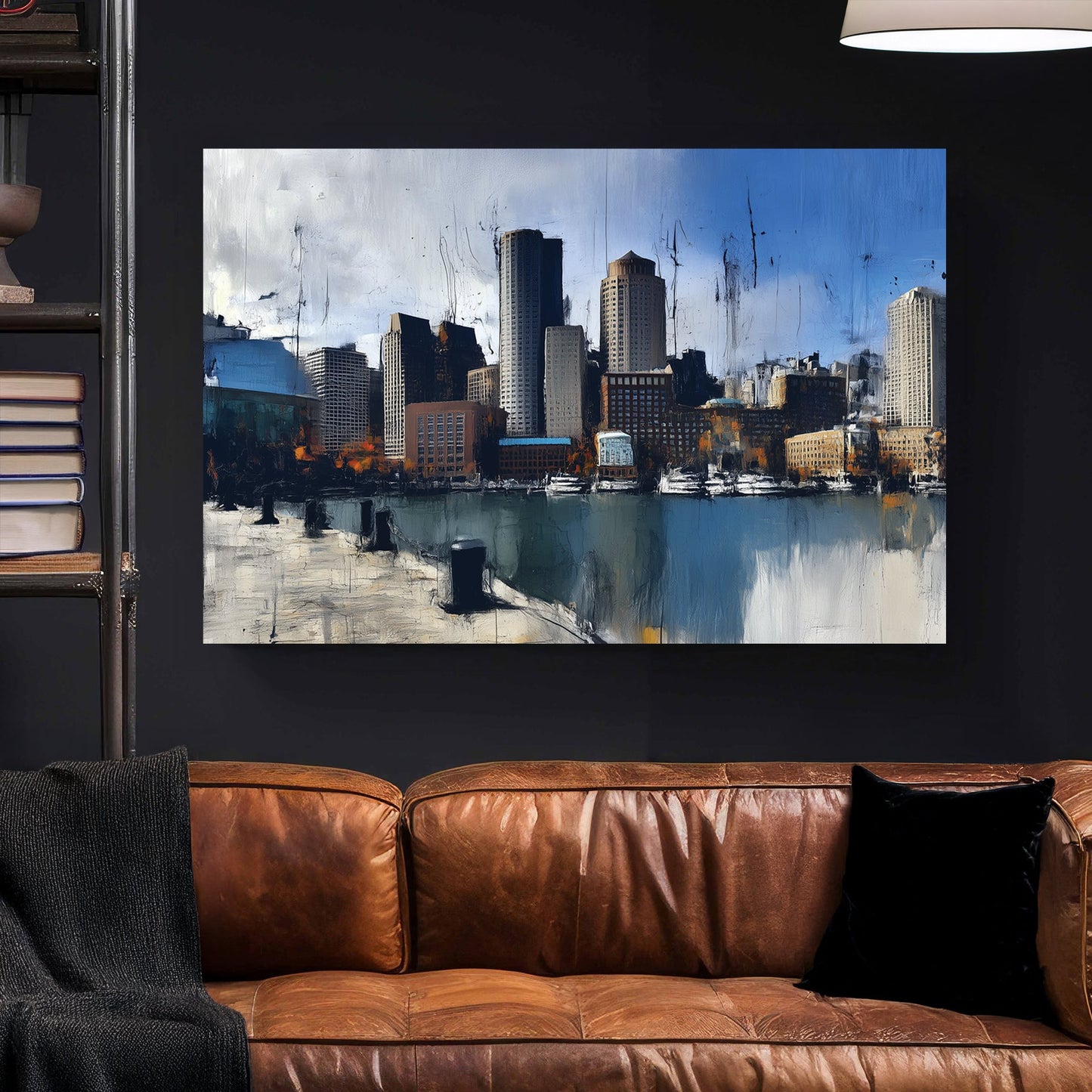 abstract painting of Boston skyline along waterfront with tall buildings and reflections