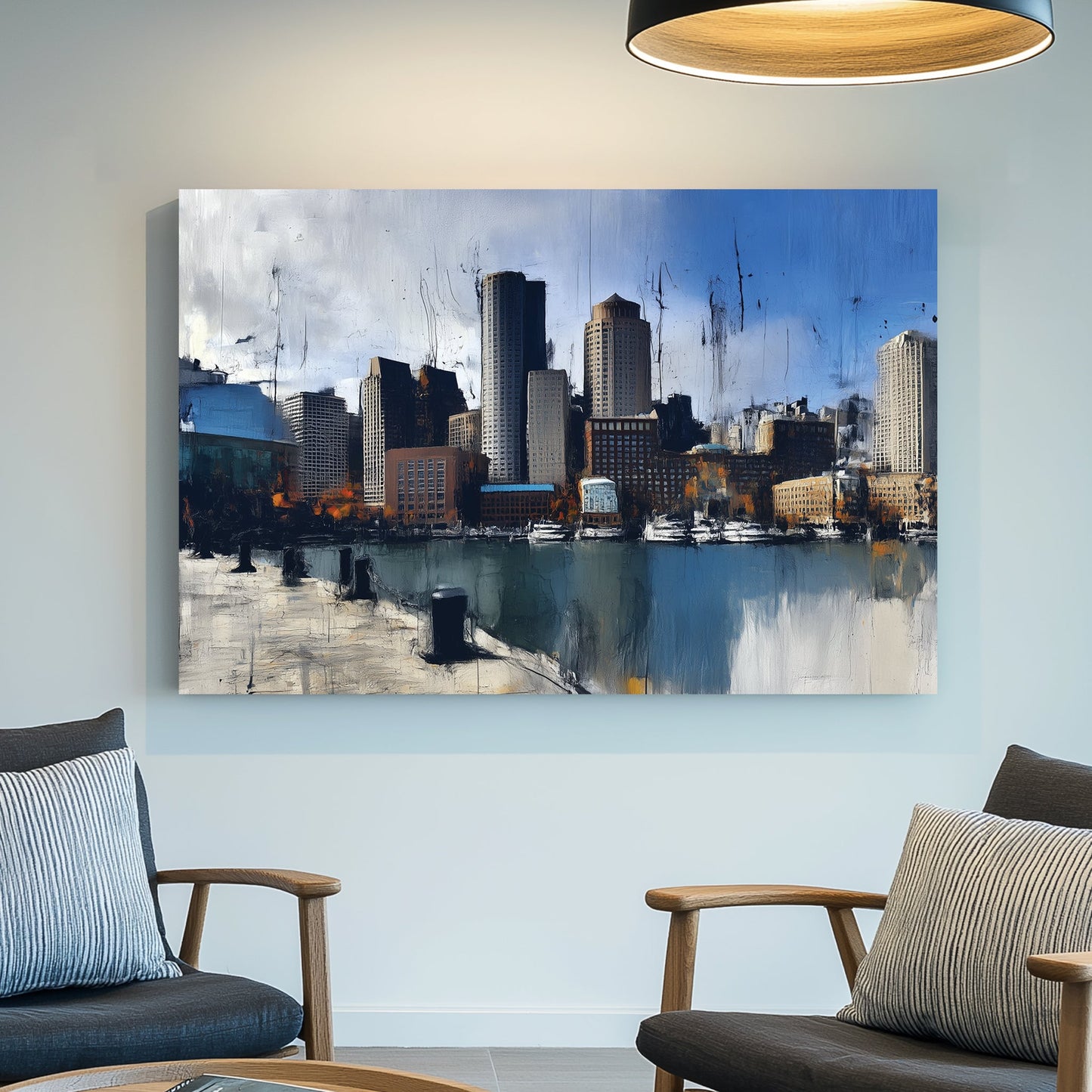 abstract painting of Boston skyline along waterfront with tall buildings and reflections