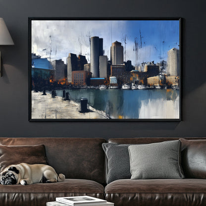 abstract painting of Boston skyline along waterfront with tall buildings and reflections