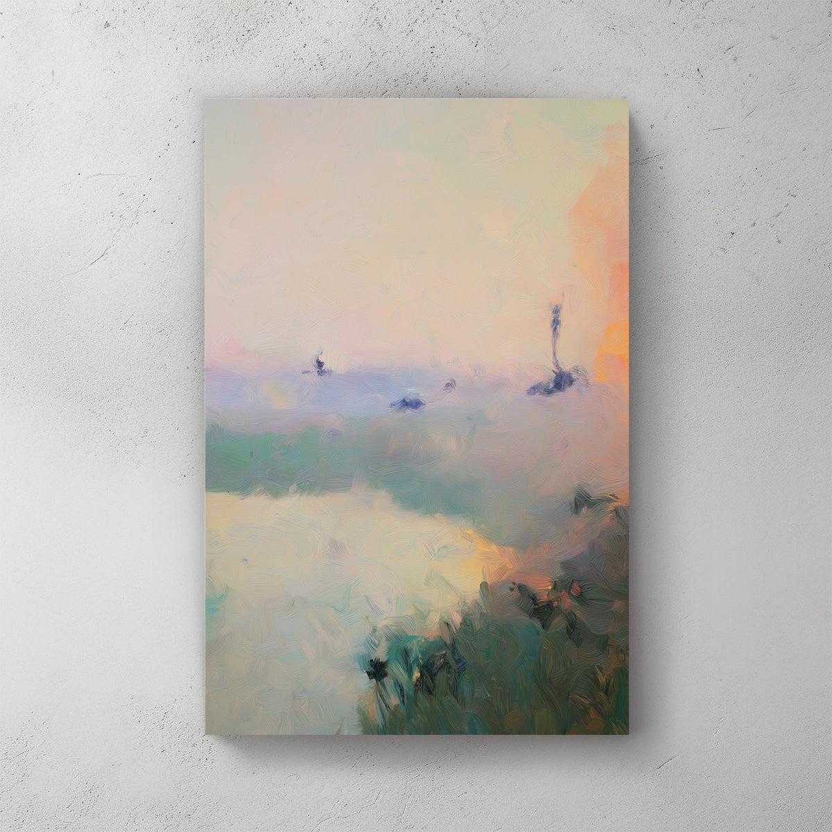 impressionist landscape painting of water and grassy shore with soft sunset pastel tones
