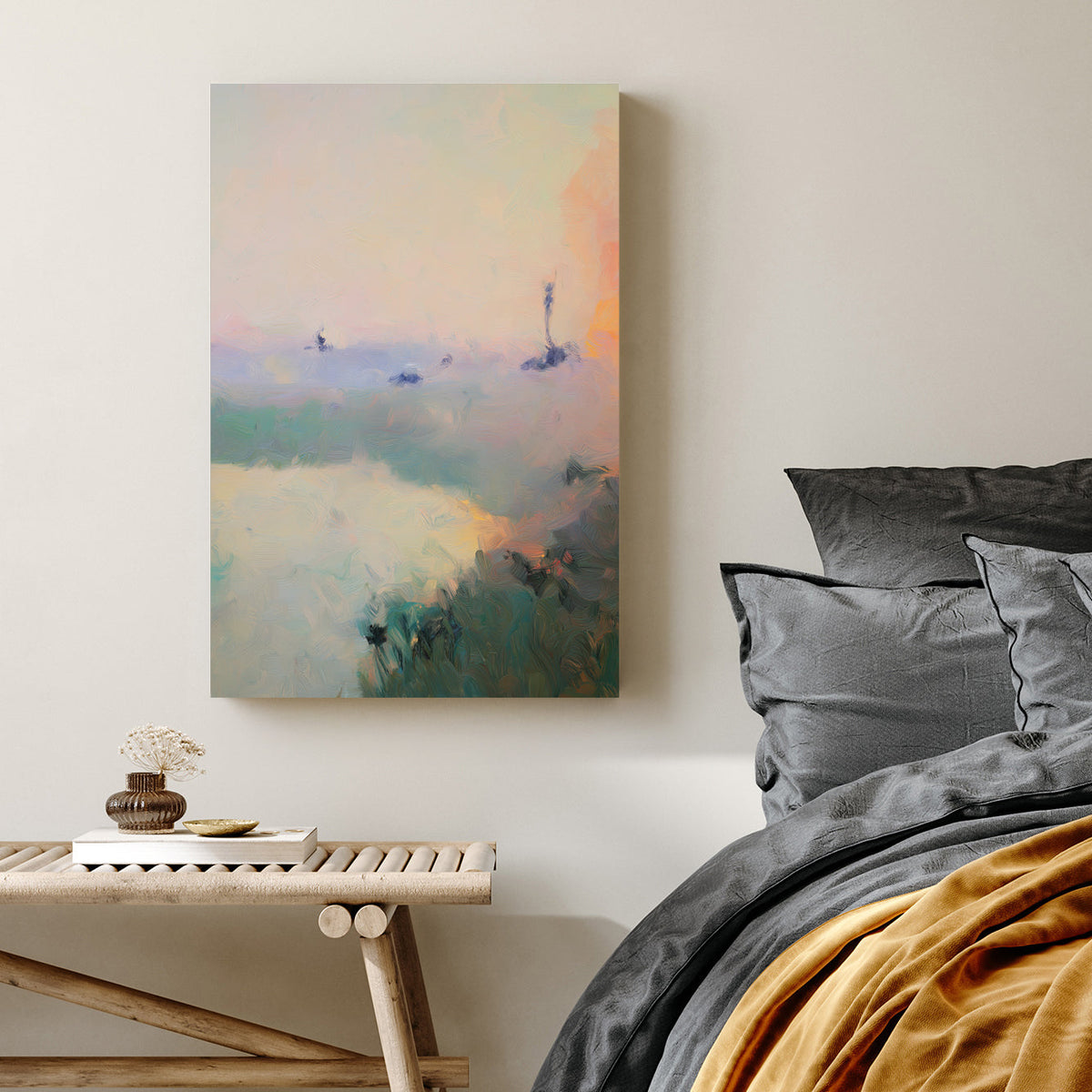 impressionist landscape painting of water and grassy shore with soft sunset pastel tones