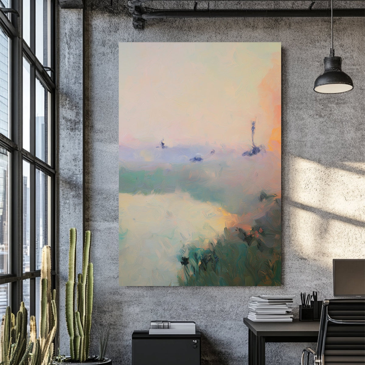 impressionist landscape painting of water and grassy shore with soft sunset pastel tones