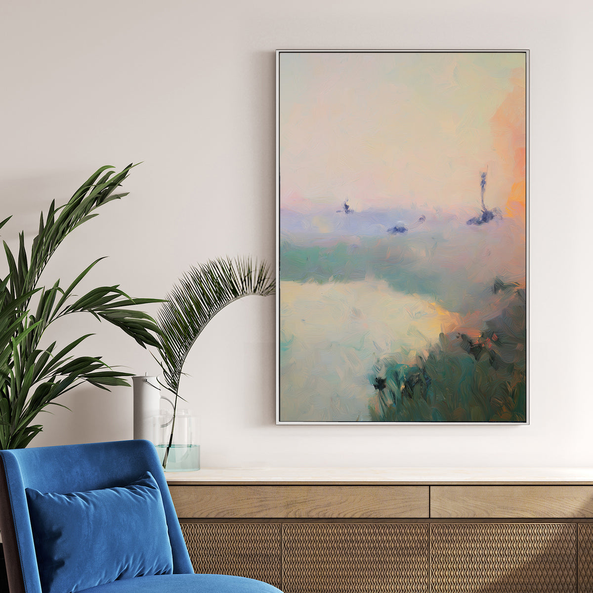 impressionist landscape painting of water and grassy shore with soft sunset pastel tones