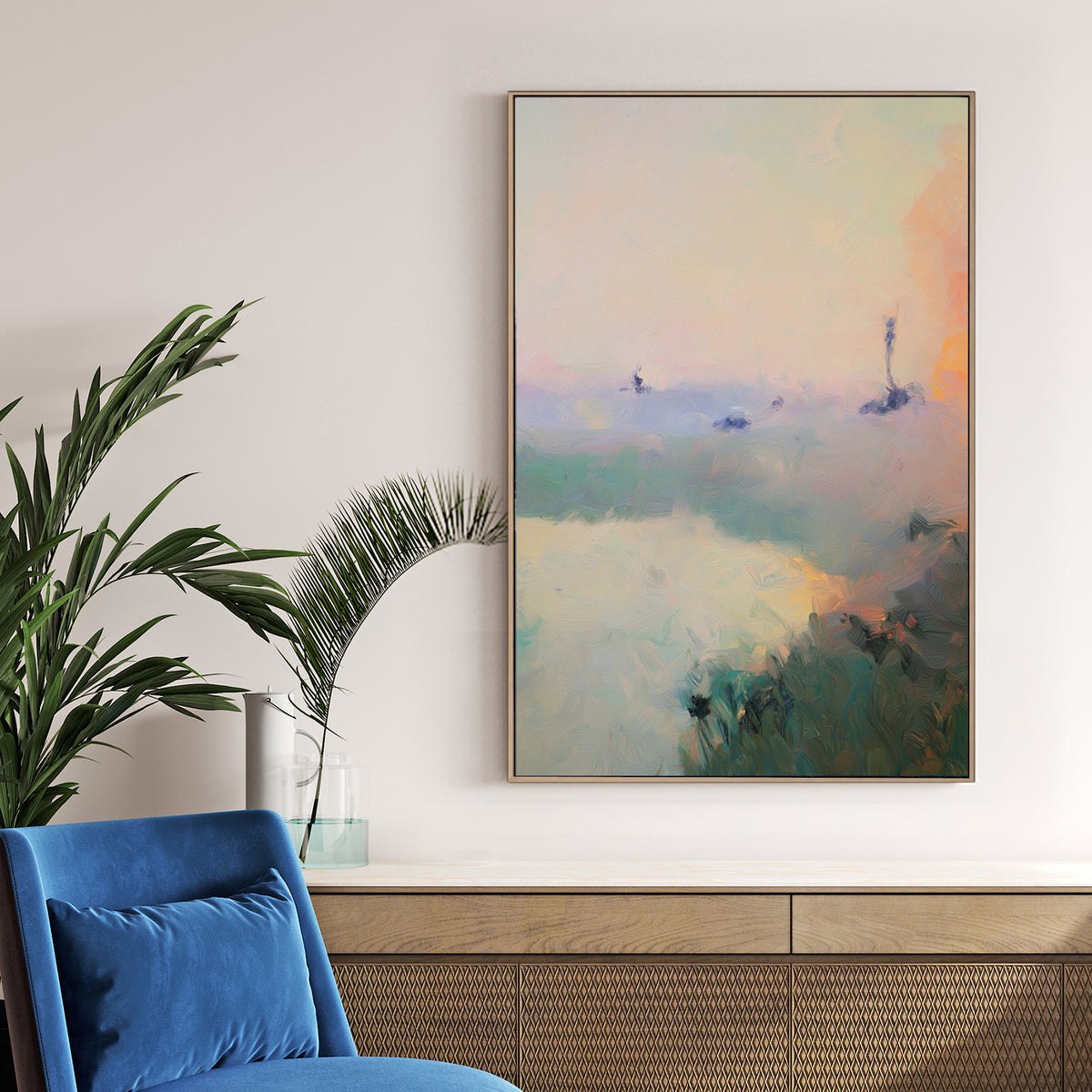impressionist landscape painting of water and grassy shore with soft sunset pastel tones