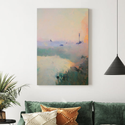 impressionist landscape painting of water and grassy shore with soft sunset pastel tones