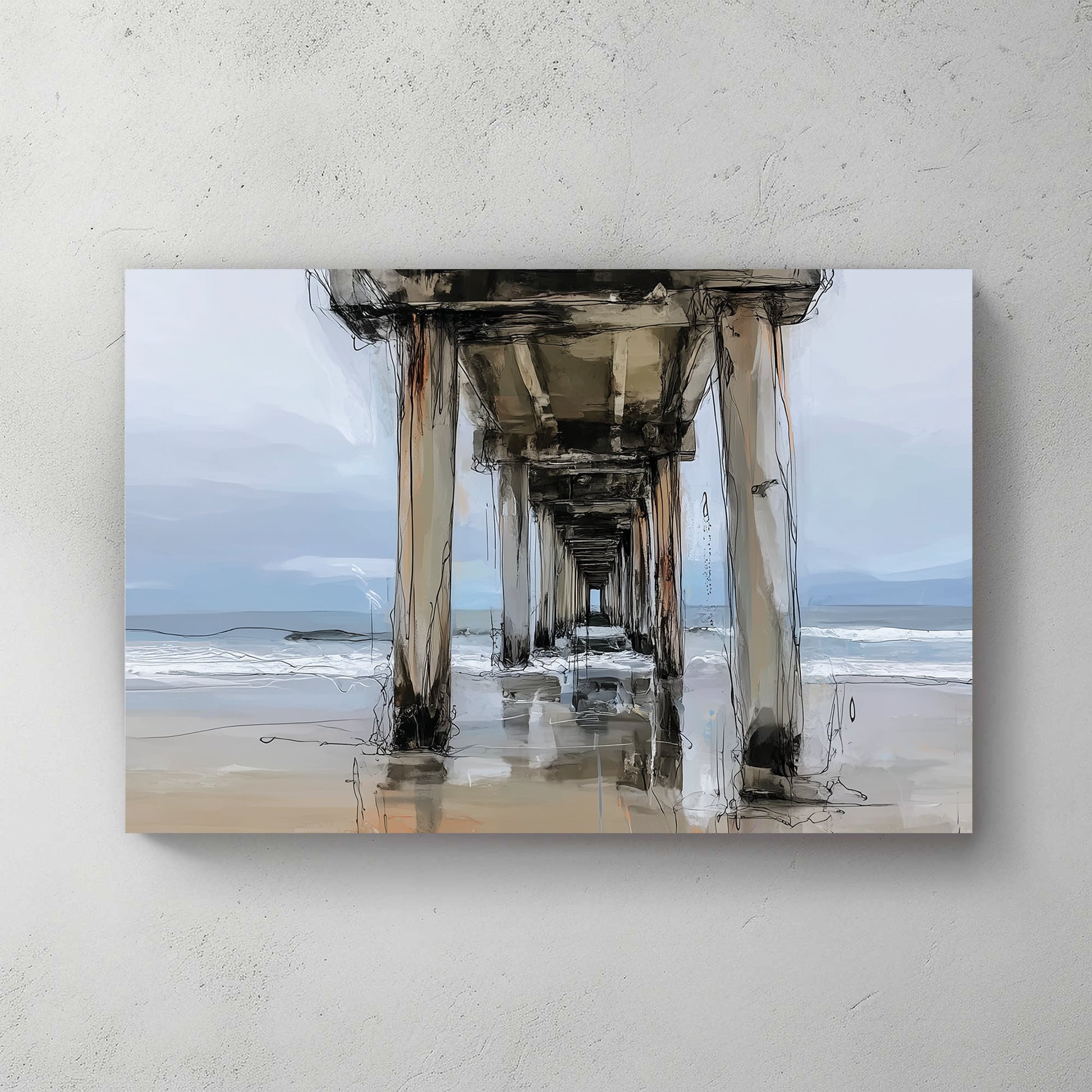 coastal painting of a pier over ocean water with beach reflections in soft neutral tones