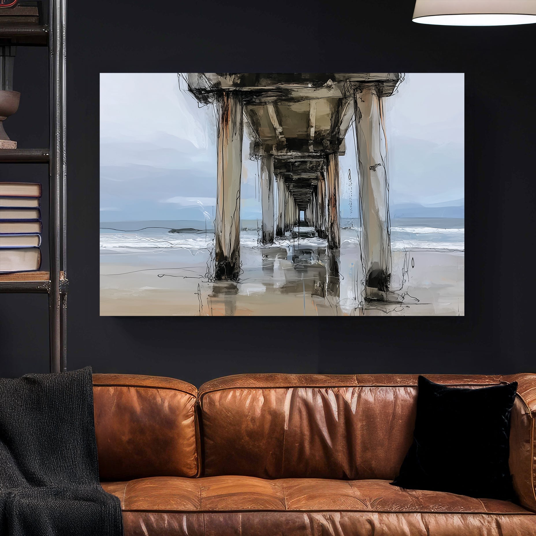 coastal painting of a pier over ocean water with beach reflections in soft neutral tones