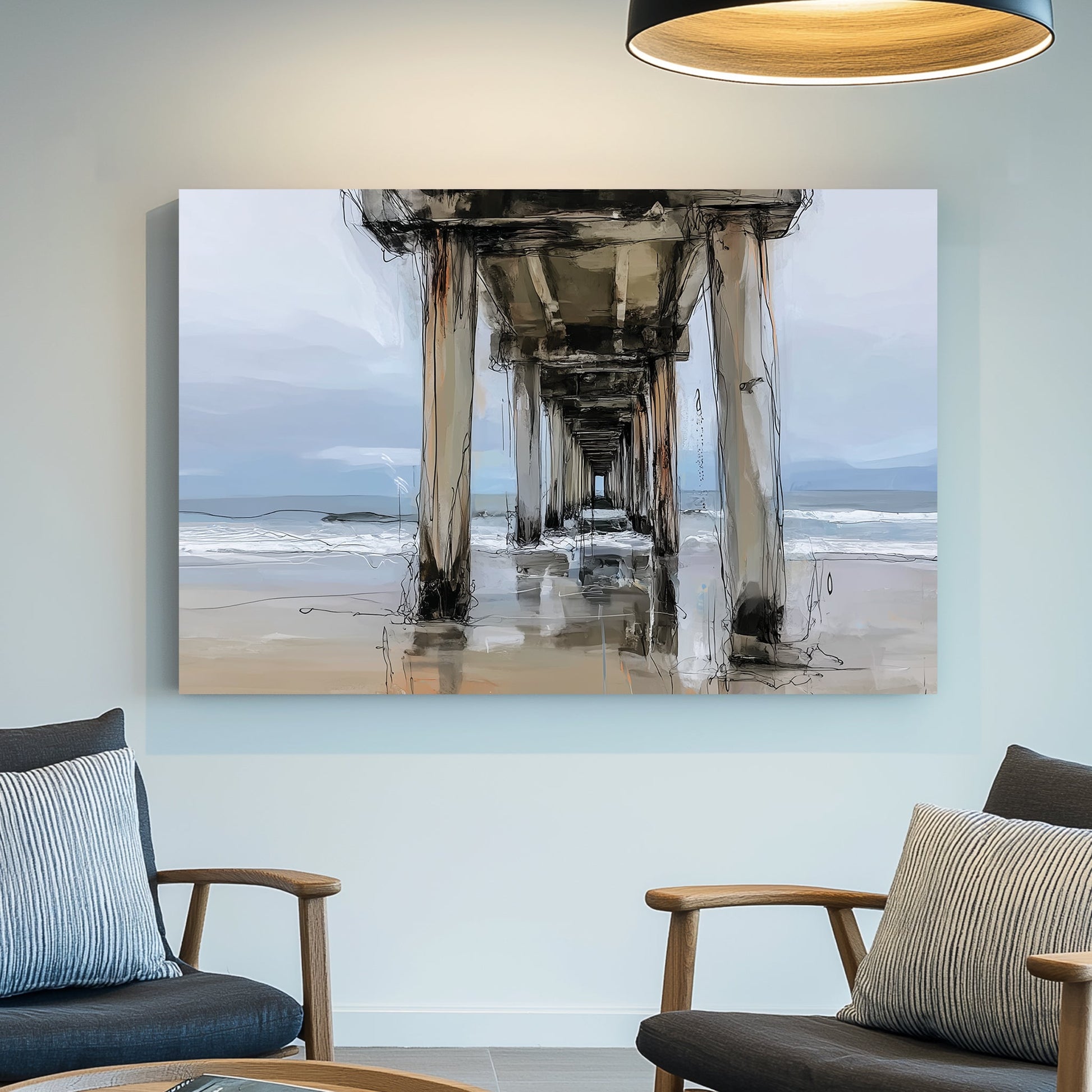 coastal painting of a pier over ocean water with beach reflections in soft neutral tones