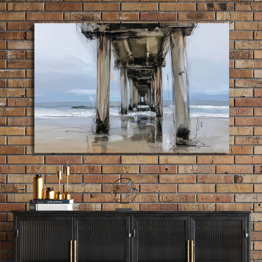 coastal painting of a pier over ocean water with beach reflections in soft neutral tones