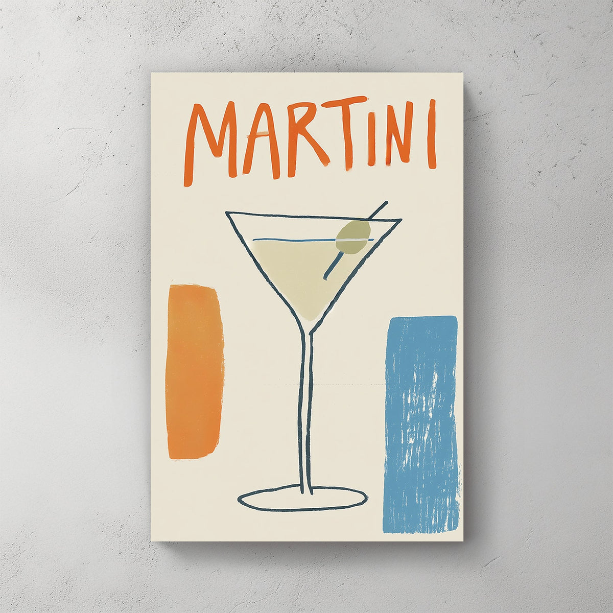 minimalist martini poster with abstract olive glass and retro typography in orange and blue
