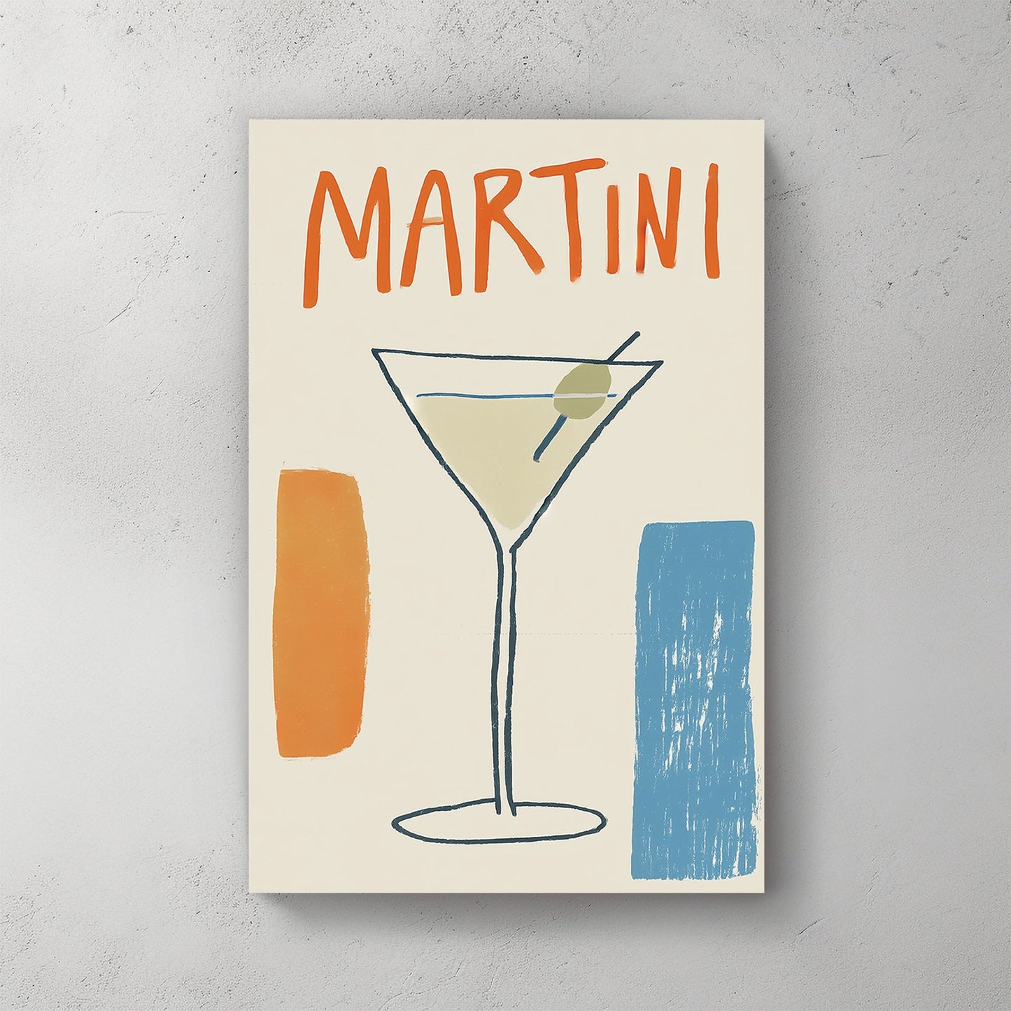minimalist martini poster with abstract olive glass and retro typography in orange and blue