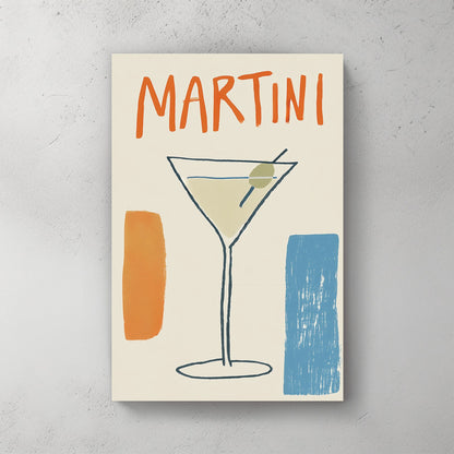minimalist martini poster with abstract olive glass and retro typography in orange and blue