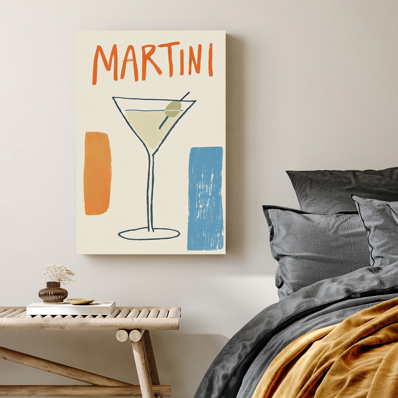 minimalist martini poster with abstract olive glass and retro typography in orange and blue