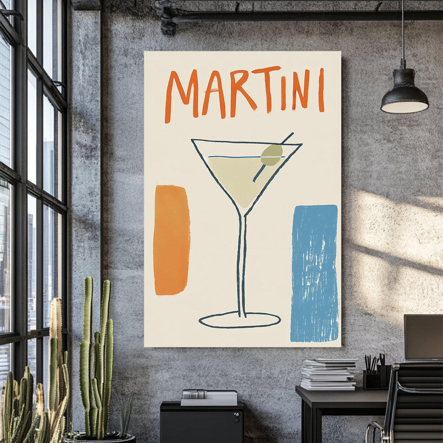 minimalist martini poster with abstract olive glass and retro typography in orange and blue