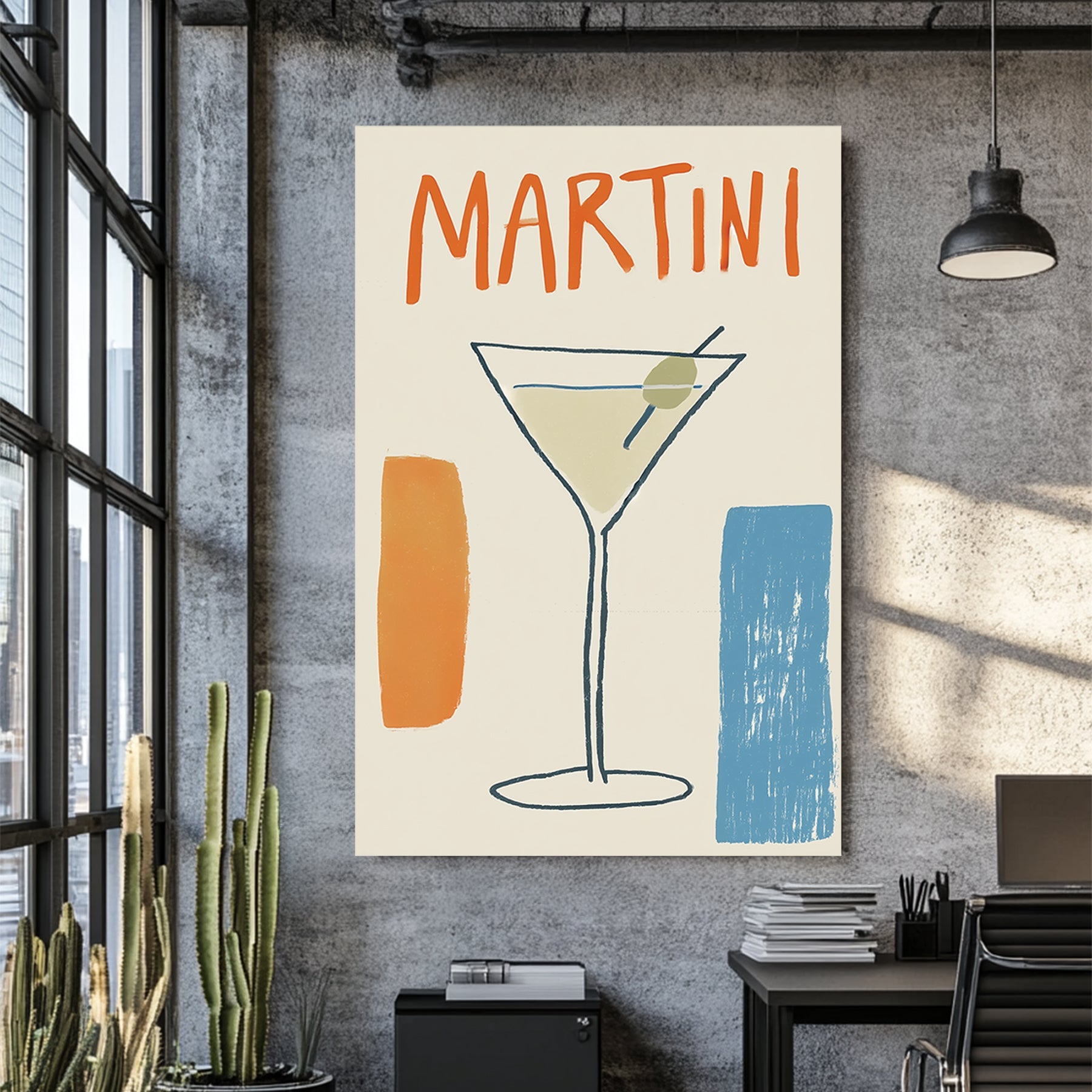 minimalist martini poster with abstract olive glass and retro typography in orange and blue